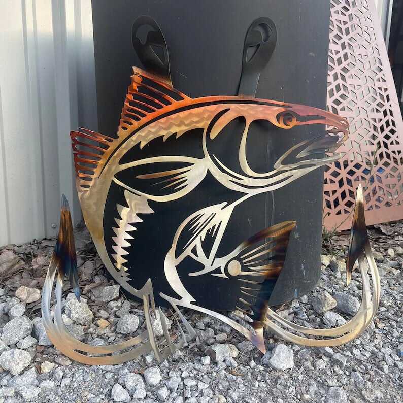 🦈Metal Bass Fish with Hooks Plasma Cut Sign Art Fishing Art Gone Fishing🎣