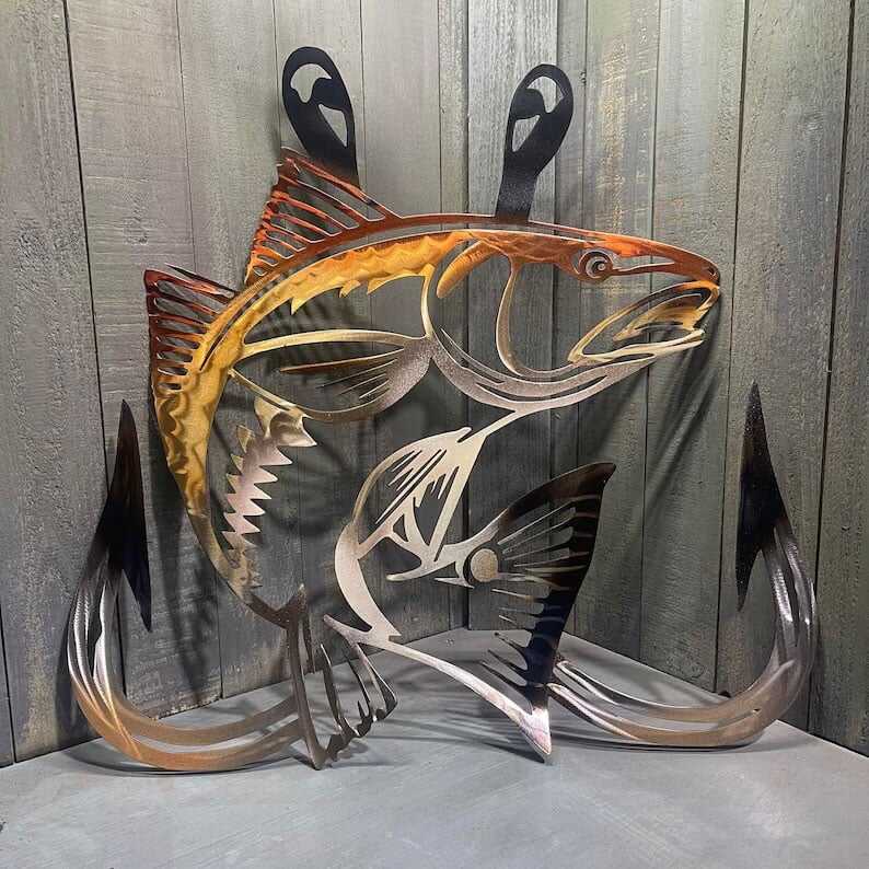 🦈Metal Bass Fish with Hooks Plasma Cut Sign Art Fishing Art Gone Fishing🎣