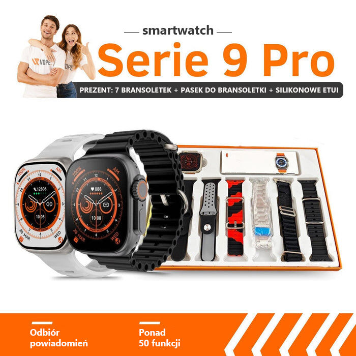 SmartWatch Serie 9 Pro + 7 opasek na rękę + etui ochronne + folia szklana