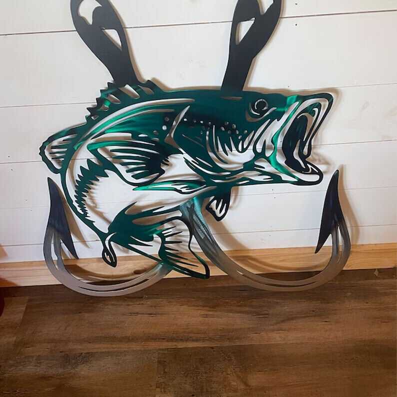 🦈Metal Bass Fish with Hooks Plasma Cut Sign Art Fishing Art Gone Fishing🎣