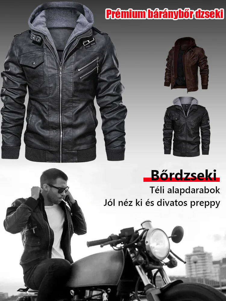 (Ingyenes szállítás )Biker bőrdzseki kapucnival