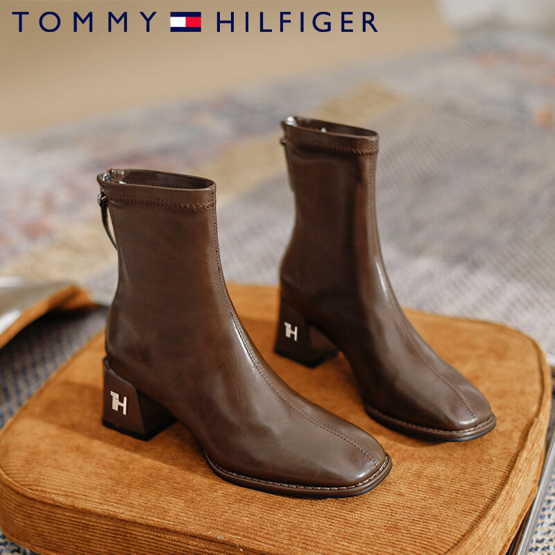 Tommy Hilfiger® 2023 Nowe zimowe skórzane buty damskie na średnim obcasie