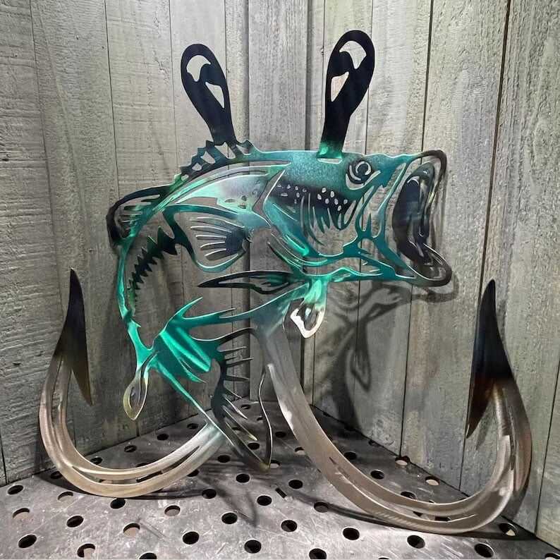 🦈Metal Bass Fish with Hooks Plasma Cut Sign Art Fishing Art Gone Fishing🎣