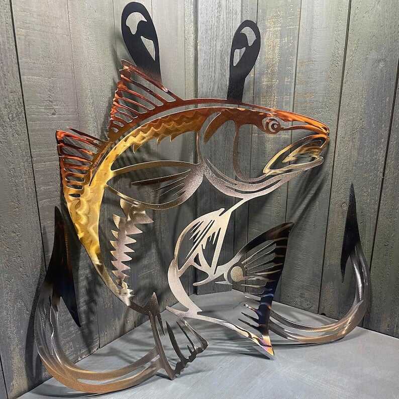 🦈Metal Bass Fish with Hooks Plasma Cut Sign Art Fishing Art Gone Fishing🎣