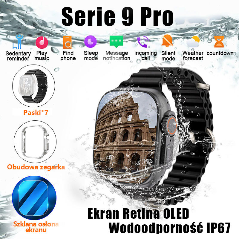 SmartWatch Serie 9 Pro + 7 opasek na rękę + etui ochronne + folia szklana