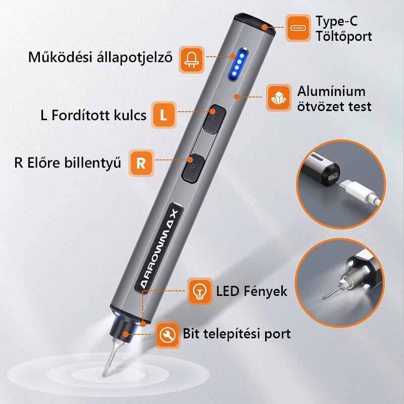 Mini elektromos csavarhúzó, precíziós csavarhúzó készlet 28 mágneses bitekkel