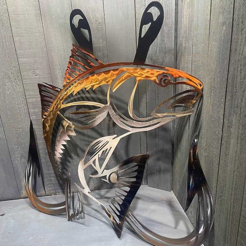 🦈Metal Bass Fish with Hooks Plasma Cut Sign Art Fishing Art Gone Fishing🎣