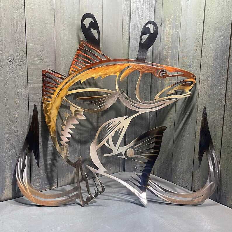 🦈Metal Bass Fish with Hooks Plasma Cut Sign Art Fishing Art Gone Fishing🎣